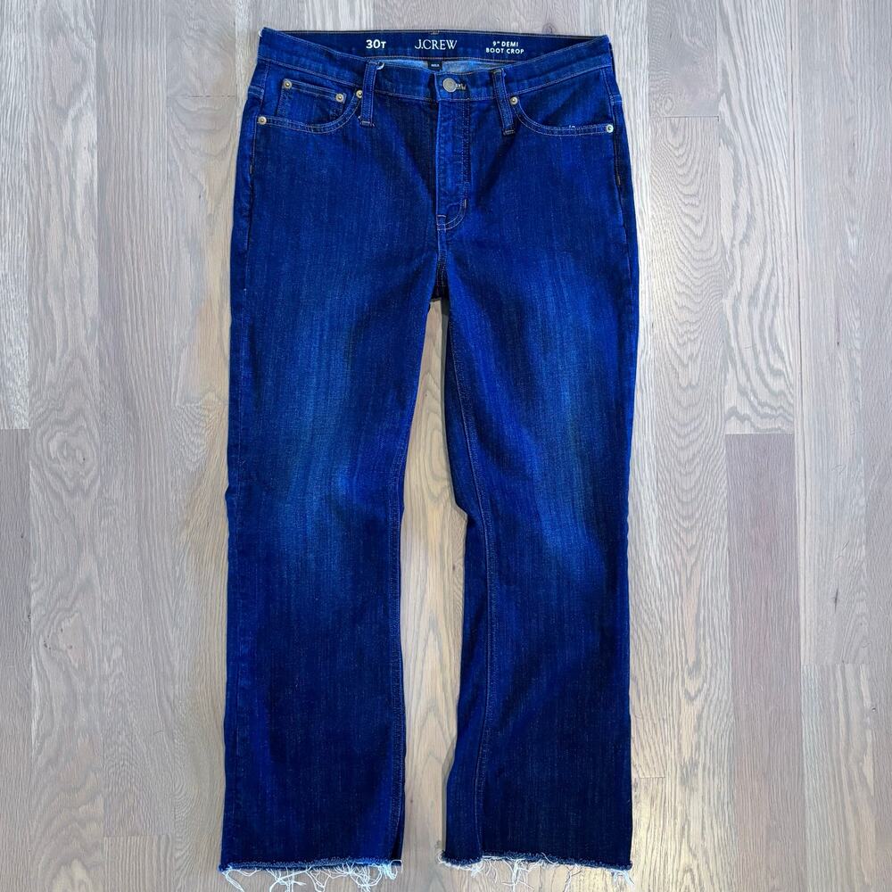 J. Crew 9” Demi Boot Crop Jeans Mid Rise Dark Raw Hem Women Size 30 Tall - Picture 2 of 9